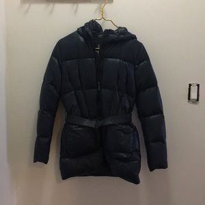 Add Down navy puffer with belt and hood.